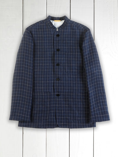 veste tyrol ajustée à col nehru en toile de lin et laine à carreaux British blue and chalk