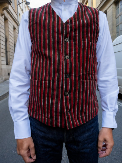 patch-pocket woollen waistcoat with madder irregular stripes 