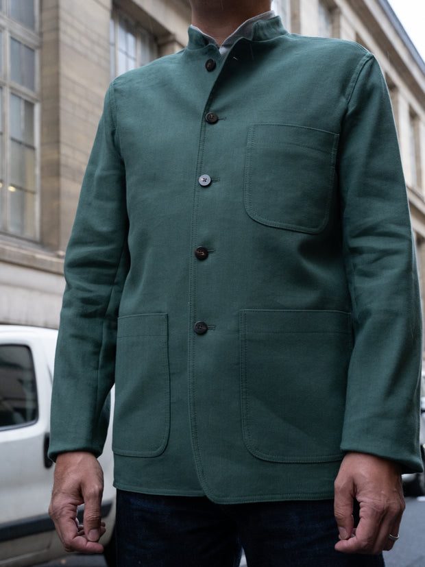 veste tyrol ajustée à col nehru en toile à chevrons de lin et coton stretch verte