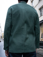 slim nehru-collar tyrol jacket in green stretch cotton and linen herringbone fabric