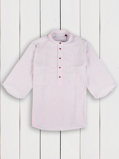 two-tone striped cotton veil short-sleeve mao-collar shirt 