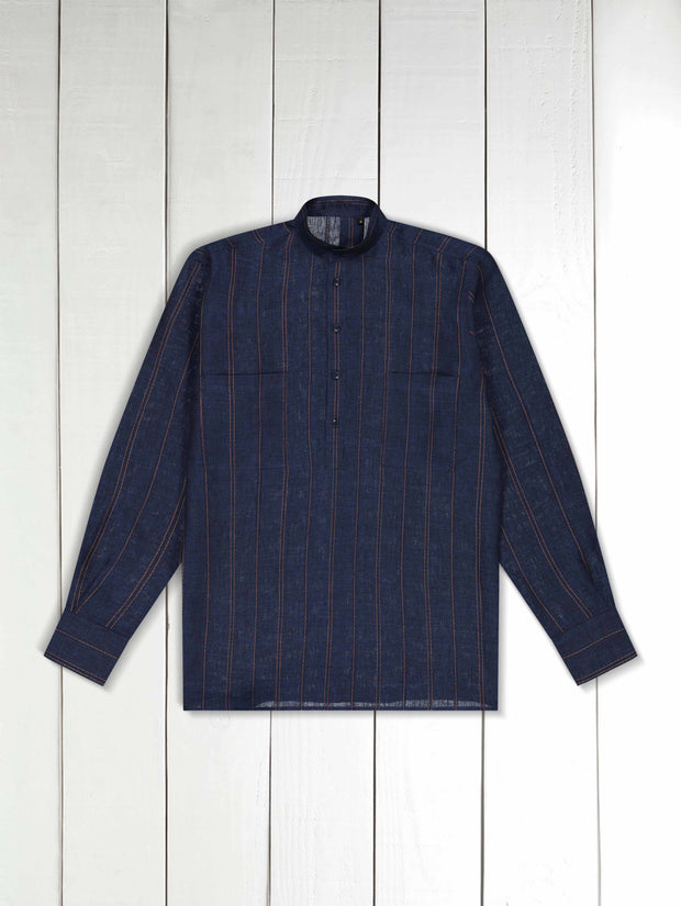 navy stripe linen mao-collar shirt