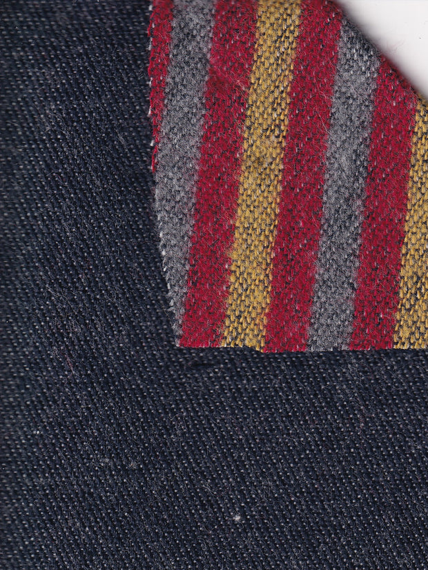tissu toile de laine double face denim sur rayures rouges jaune et grise