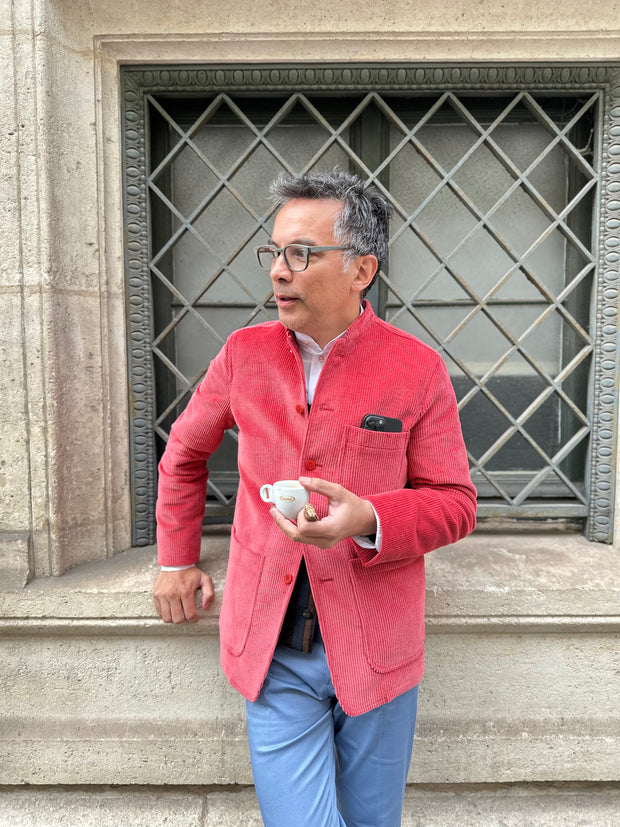 fitted tyrol jacket with nehru collar in old rose wool cordoroy