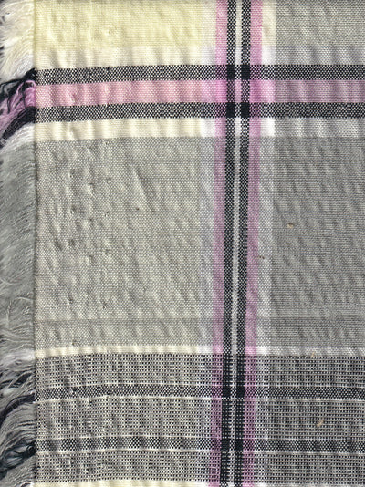 tissu seersucker de coton à motifs tartan khaki et jaune à rayures roses
