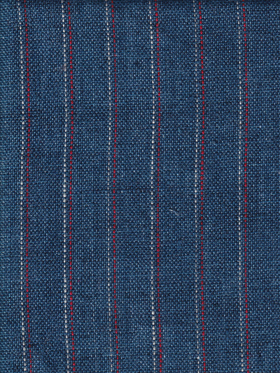 tissu toile pur lin bleu marin à fines rayures blanches et rouges