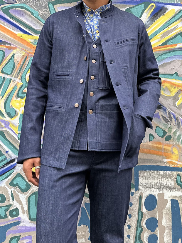 veste architecte à col nehru en denim extensible sanforisé indigo