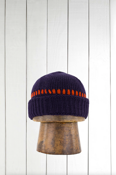 Inis Meain bonnet in navy and orange alpaca merino and silk