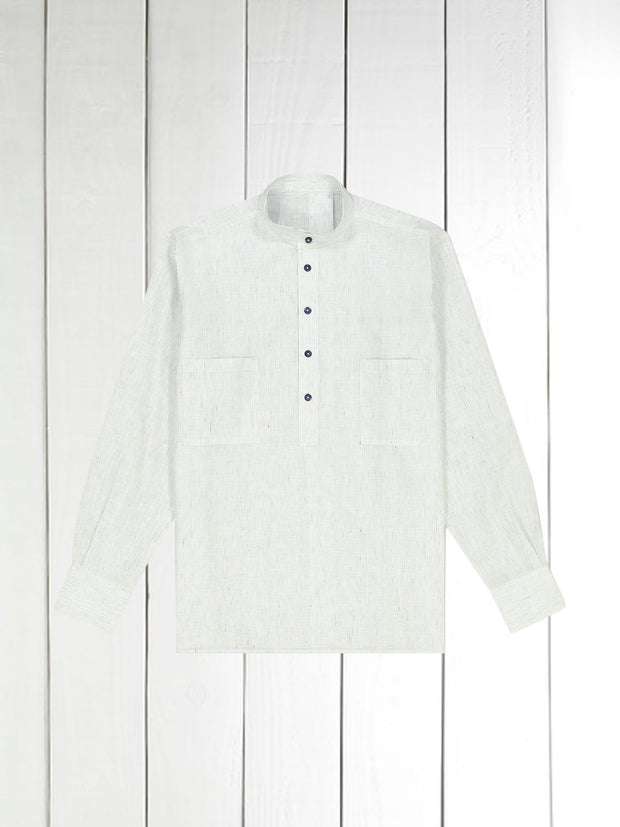 mao-collar shirt in natural linen with navy stripes