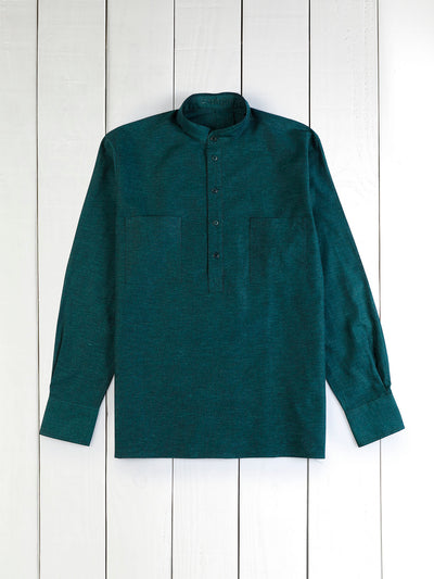 british racing green mao-collar shirt in linen and cotton canvas
