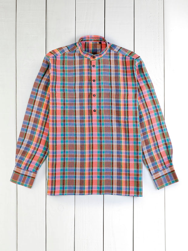 summer tartan linen mao-collar shirt 