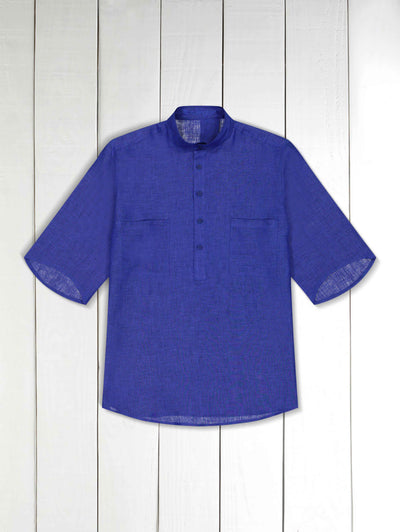 chemise col mao à manches courtes en pur lin bleu klein