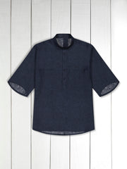 ink-blue pure linen short-sleeve mao-collar shirt