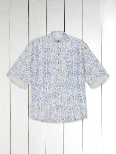 flowers pattern pure linen short sleeve mao-collar shirt