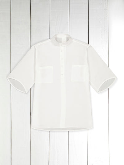 white cotton poplin short-sleeve mao-collar shirt 