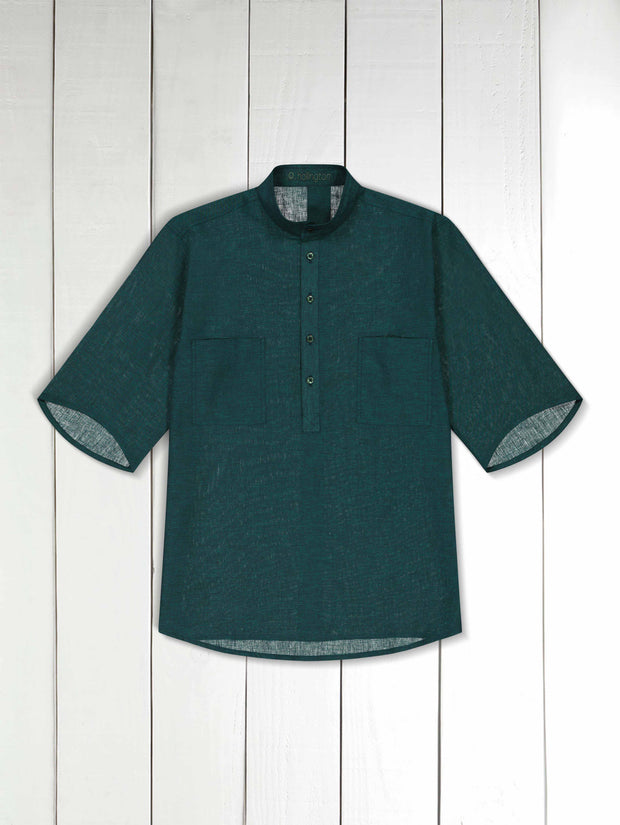 chemise col mao à manches courtes en toile british racing green