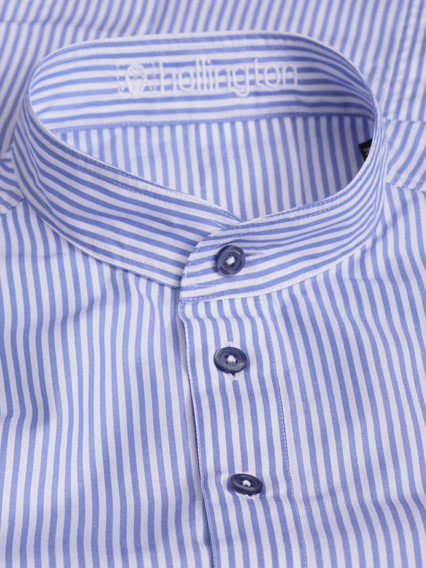 pre-sale luxury cotton mao-collar shirt with sky blue stripes