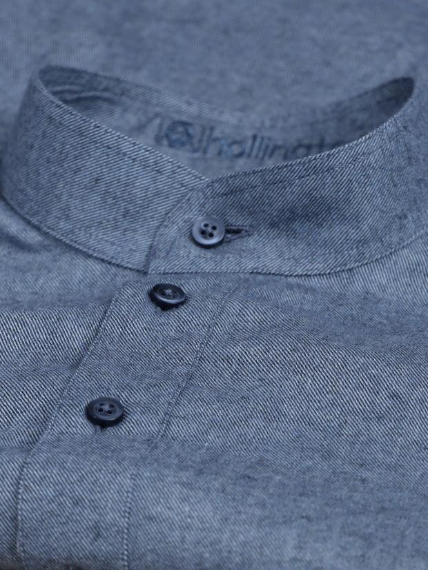 pre-sale grey-blue denim-style cotton shirt with mao collar
