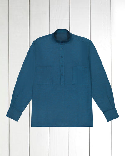 pre-sale petrol blue brushed cotton mao-collar shirt