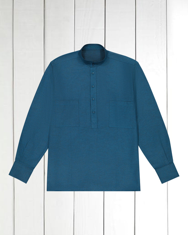 pre-sale petrol blue brushed cotton mao-collar shirt