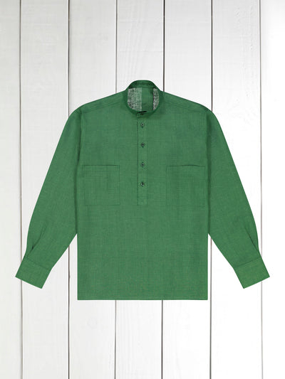 mao-collar shirt in pure linen canvas in moss green 