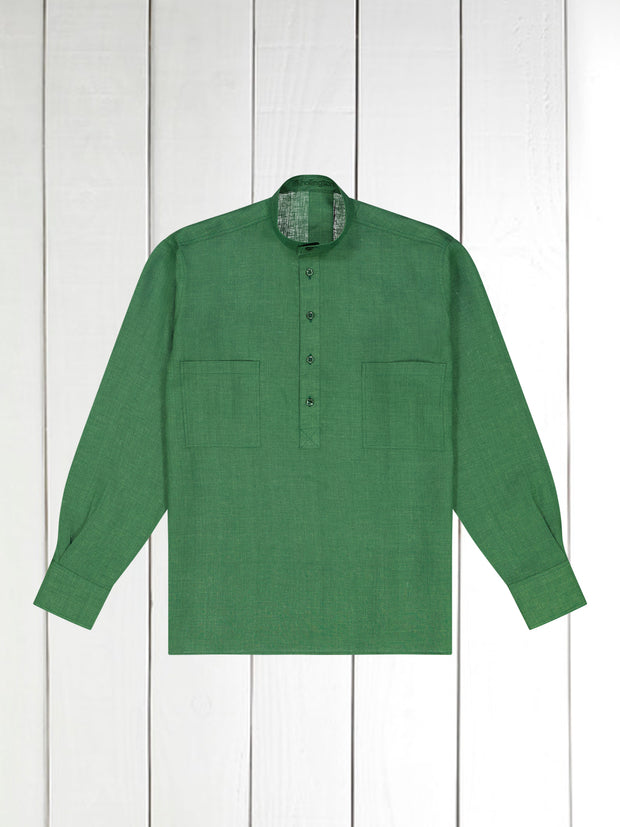 chemise col mao en toile pur lin vert mousse