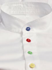 pre-sale white cotton canvas shirt with mao-collar and multicoloured buttons