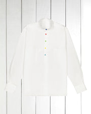 pre-sale white cotton canvas shirt with mao-collar and multicoloured buttons