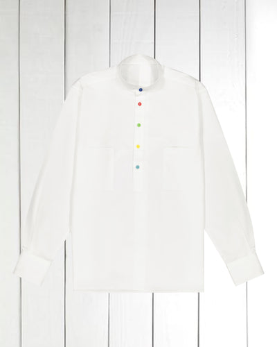 pre-sale white cotton canvas shirt with mao-collar and multicoloured buttons