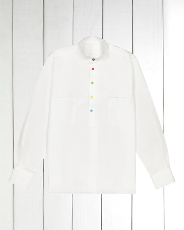 pre-sale white cotton canvas shirt with mao-collar and multicoloured buttons