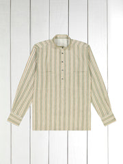 double-striped khaki linen and cotton mao-collar shirt 