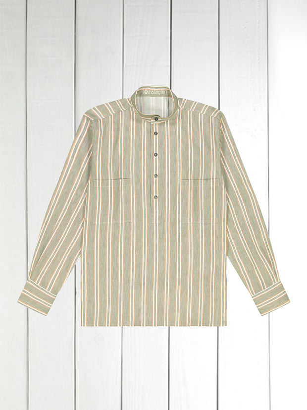 double-striped khaki linen and cotton mao-collar shirt 