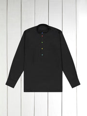 black poplin shirt with mao collar and multicoloured buttons