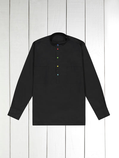 black poplin shirt with mao collar and multicoloured buttons