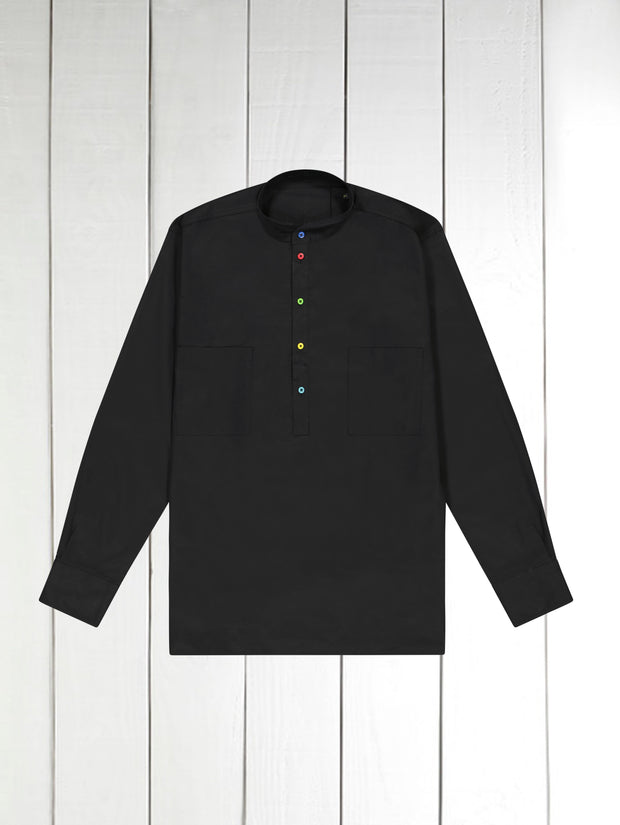 chemise à col mao en popeline noir à boutons multicolores