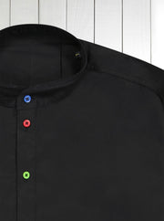 black poplin shirt with mao collar and multicoloured buttons