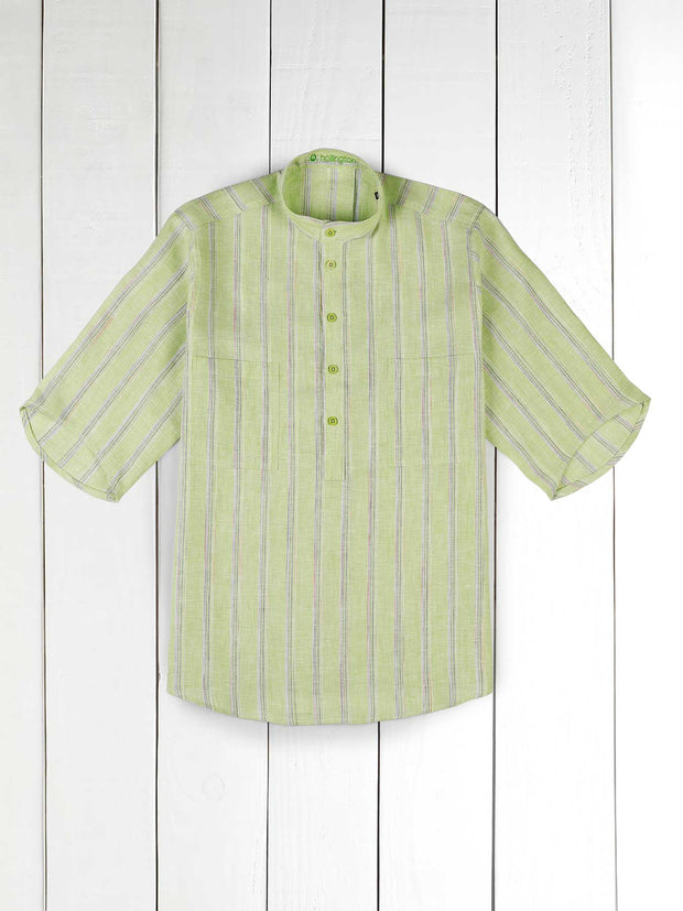 pistachio linen canvas with stripes short-sleeve mao-collar deauville shirt