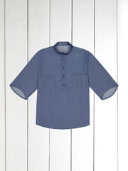 chemise Deauville manches courtes à col mao en coton à rayures indigo