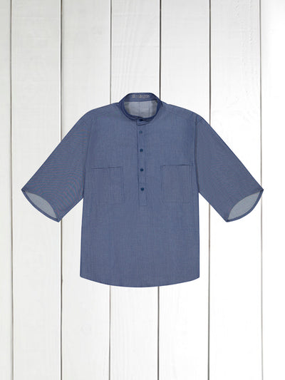 chemise Deauville manches courtes à col mao en coton à rayures indigo