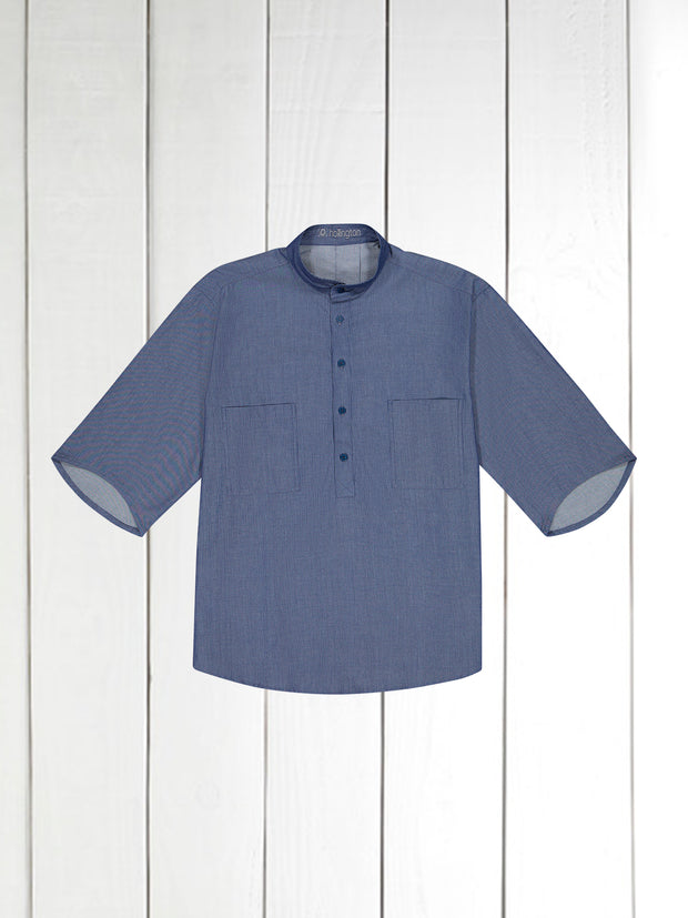 chemise Deauville manches courtes à col mao en coton à rayures indigo