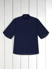 indigo cotton canvas short sleeve mao-collar shirt