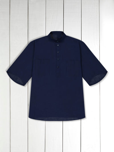 chemise col mao à manches courtes en toile de coton bleu de chine