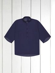 chemise Deauville manches courtes à col mao en coton marine à effet seersucker