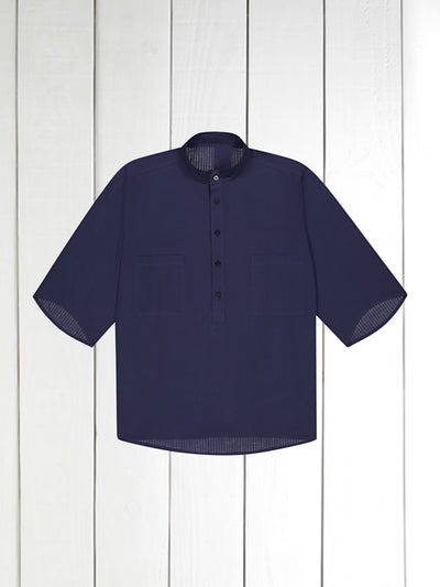 chemise Deauville manches courtes à col mao en coton marine à effet seersucker