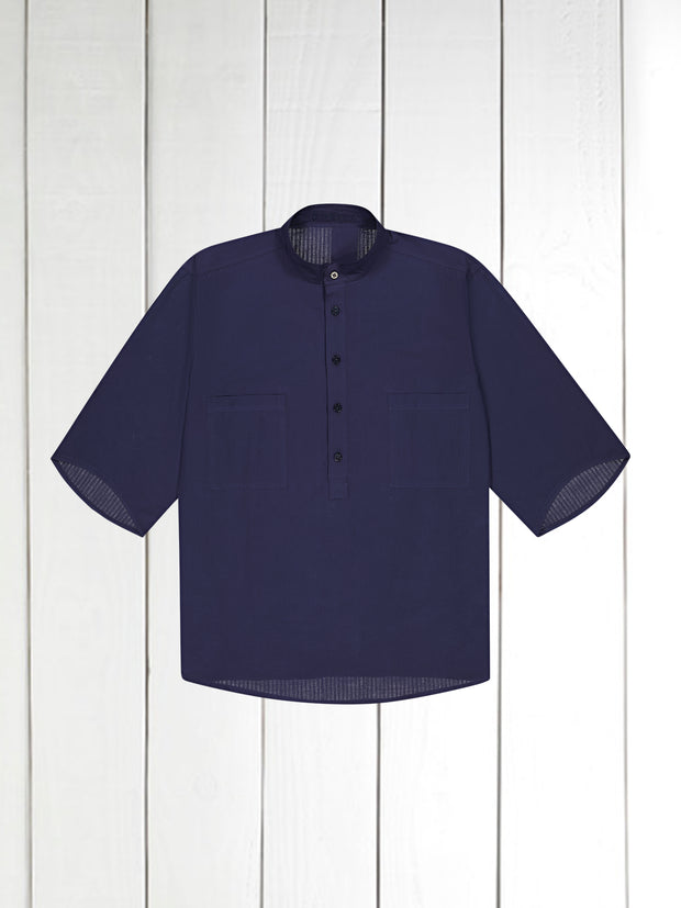 chemise Deauville manches courtes à col mao en coton marine à effet seersucker