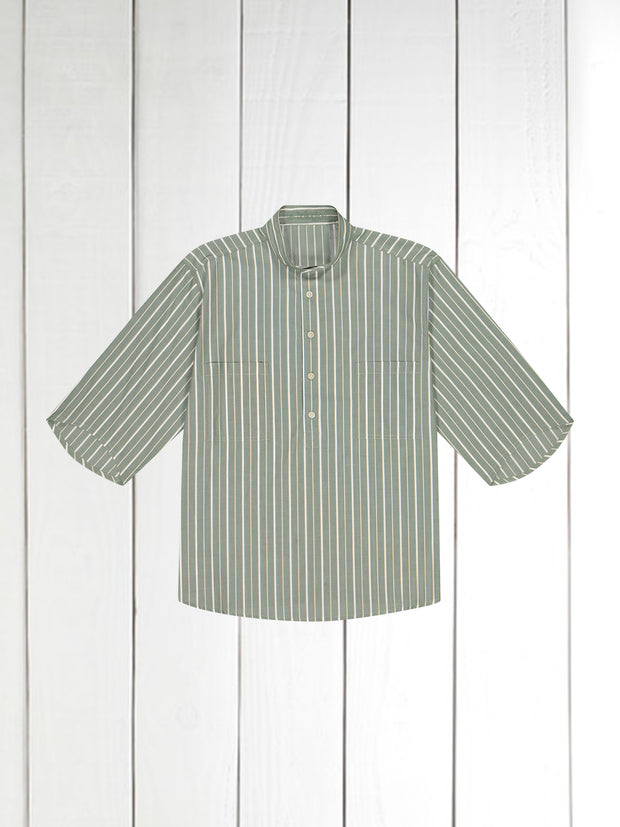 chemise Deauville manches courtes à col mao en coton kaki à rayures bicolores