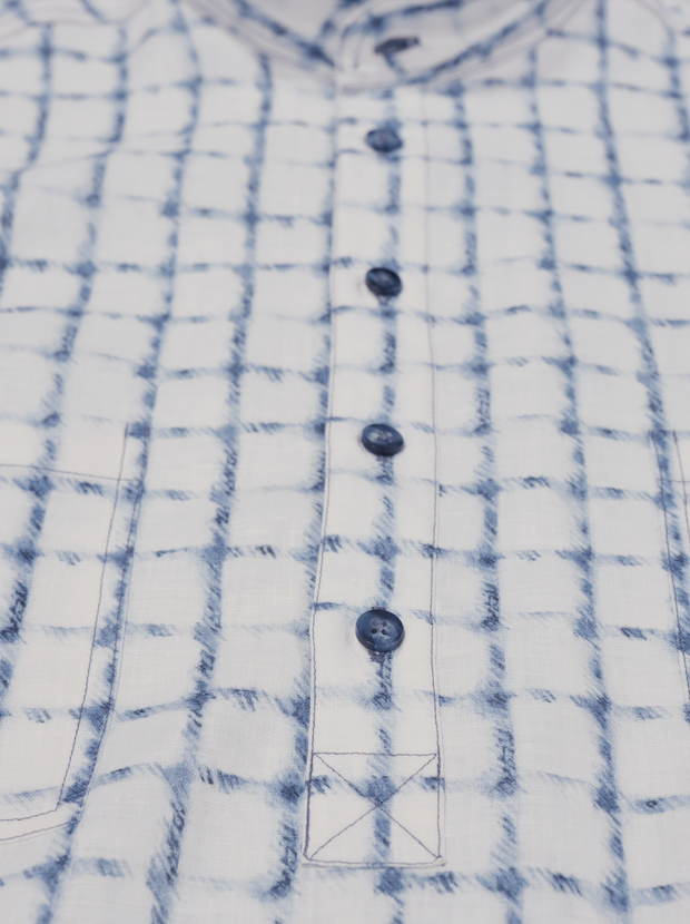 chemise Deauville manches courtes à col mao en lin à carreaux indigo