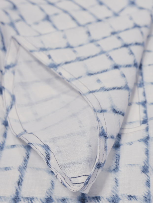 chemise Deauville manches courtes à col mao en lin à carreaux indigo