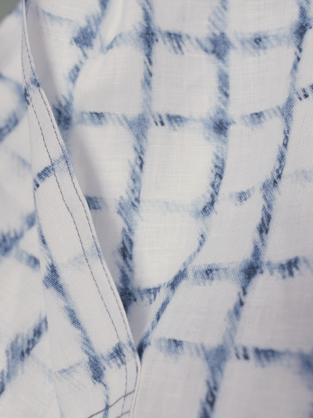 chemise Deauville manches courtes à col mao en lin à carreaux indigo