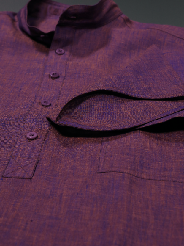 chemise Deauville manches courtes à col mao en lin aubergine